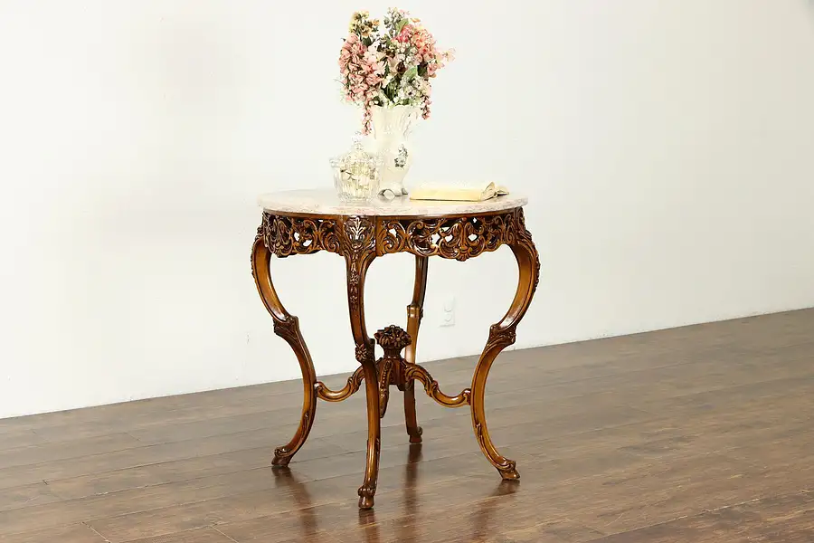 Main image of French Style Carved Fruitwood Vintage Marble Top Lamp, Hall Center Table