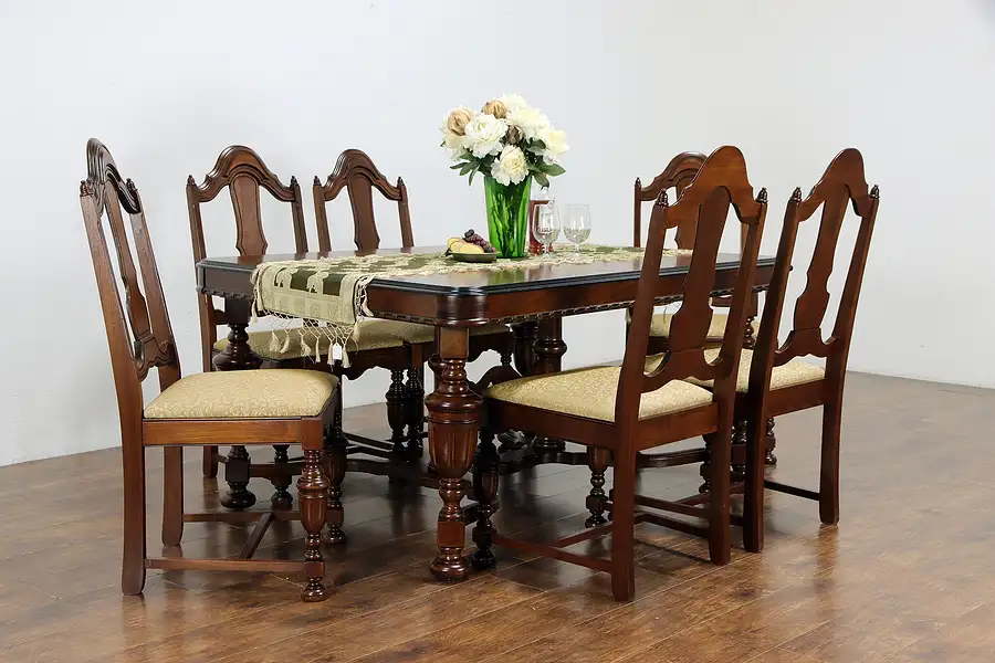 Main image of English Tudor Style Antique Walnut Dining Set, Table, 2 Leaves, 6 Chairs