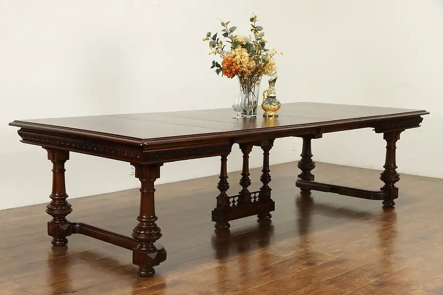 Main image of Renaissance Antique Carved Walnut Italian Dining Table, Extends 10' 2"