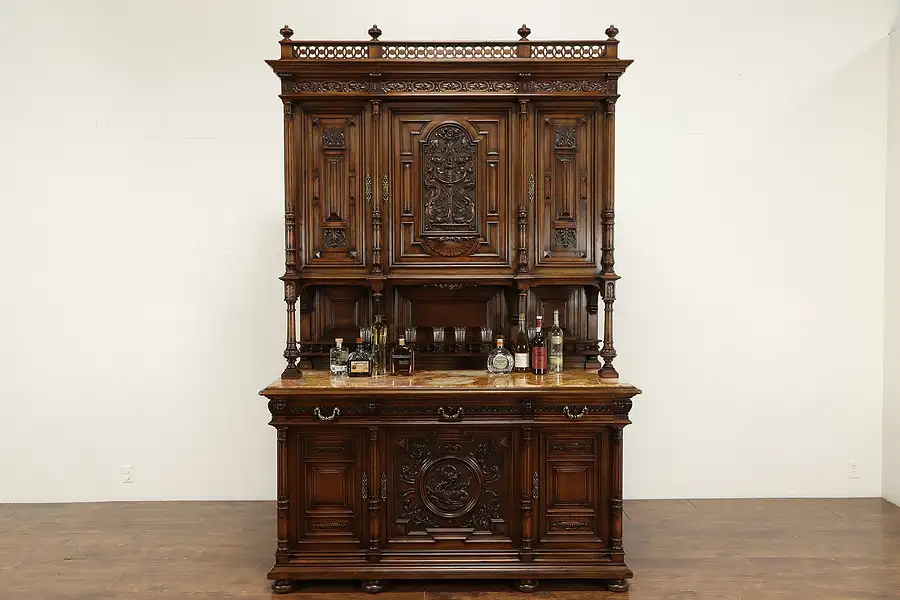 Main image of Renaissance Antique Walnut Italian Back Bar, Sideboard or Server, Marble