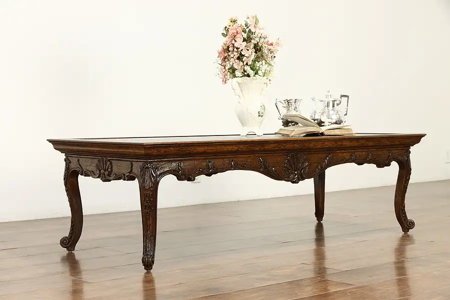 Main image of Country French Farmhouse Carved Oak Vintage Coffee Table.