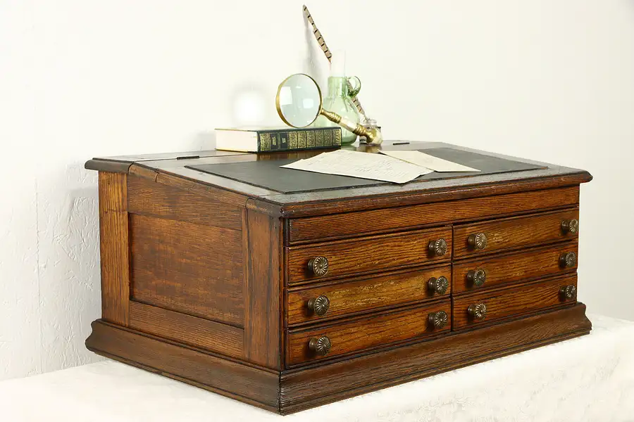 Main image of Farmhouse Oak Antique Spool Cabinet, Jewelry or Collector Chest & Desk