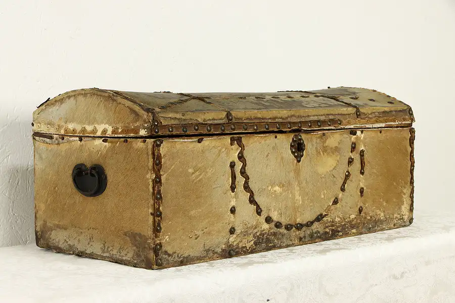 Main image of Victorian Antique Hide Leather Farmhouse Child Size Trunk or Chest