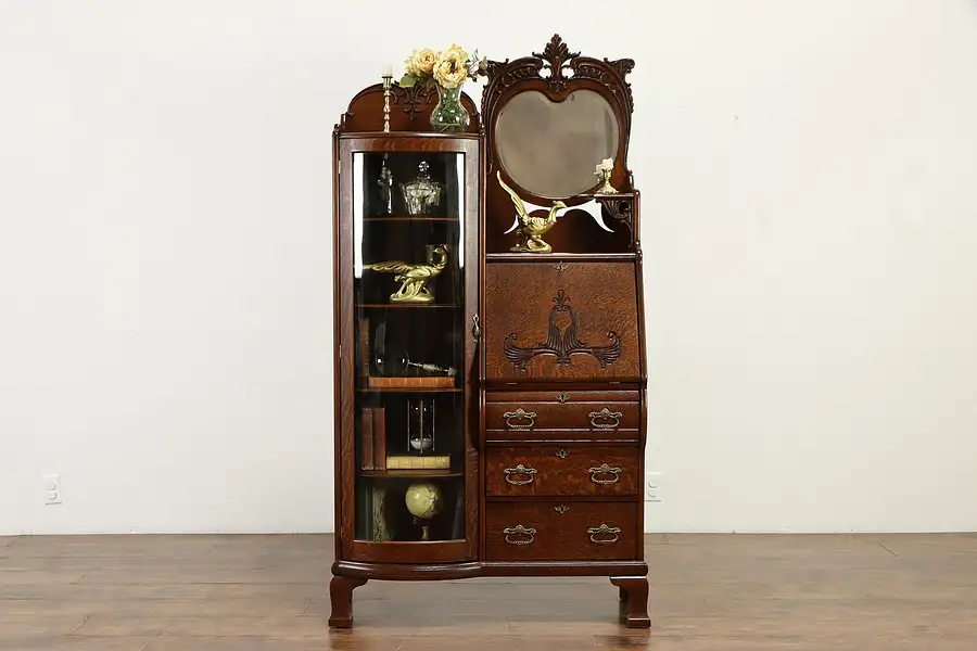 Main image of Oak Side by Side Secretary Desk & Bookcase, Curved Glass, Beveled Mirror