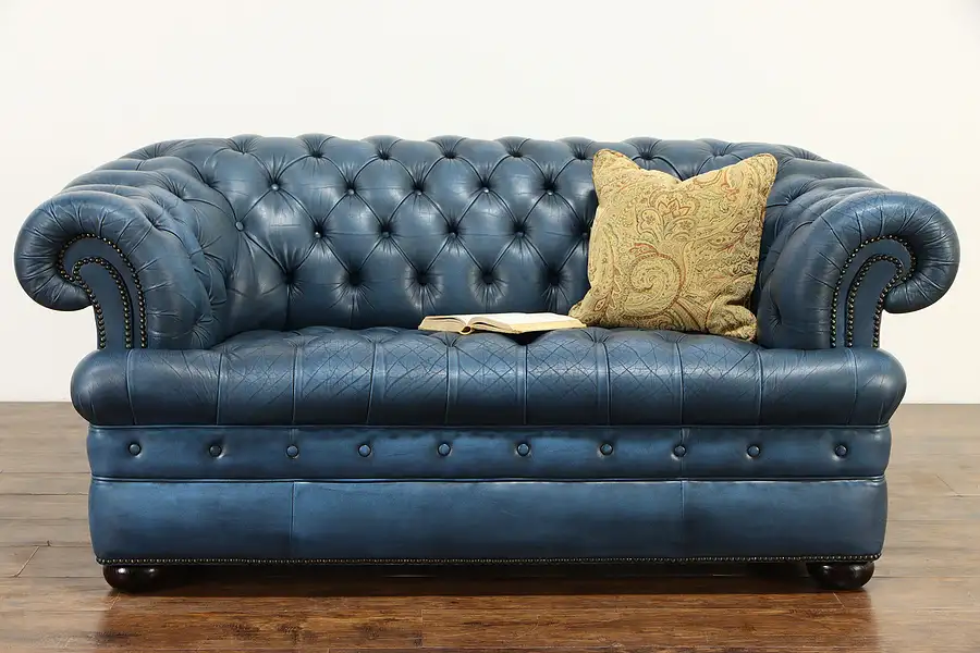 Main image of Tufted Leather Vintage Chesterfield Sofa or Loveseat, Brass Nailhead Trim