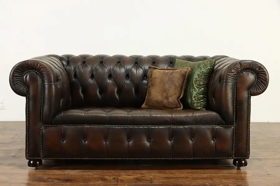 Main image of Tufted Leather Vintage Chesterfield Loveseat or Sofa, Brass Nailhead Trim