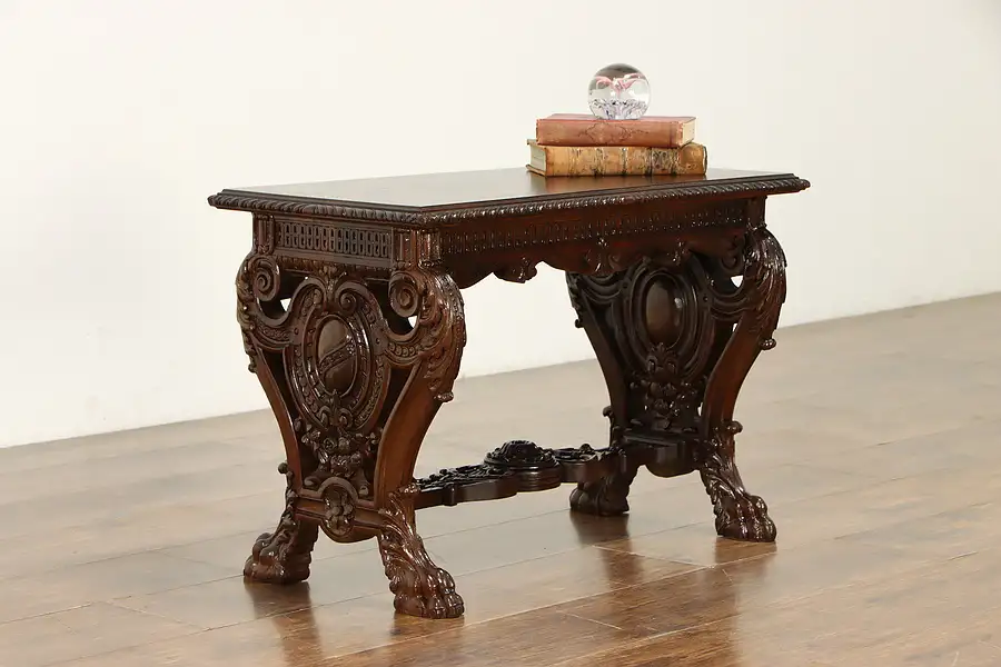 Main image of Walnut Antique End Table or Bench, Carved Lion Paws