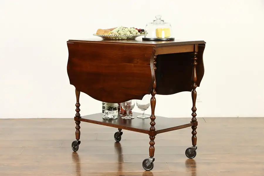 Main image of Walnut Vintage Rolling Bar Cart, Tea & Dessert Trolley with Dropleaves