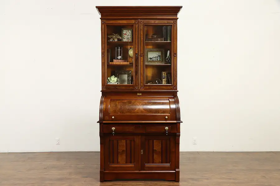 Main image of Victorian Eastlake 1880 Antique Walnut Roll Top Secretary Desk & Bookcase