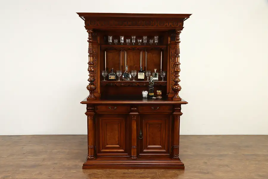 Main image of German Antique Walnut & Burl Back Bar Cabinet, Server or Sideboard