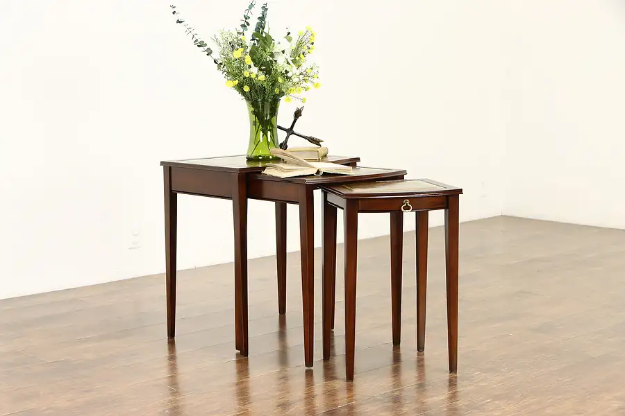 Main image of Set of 3 Vintage Mahogany Nesting Tables, Gold Tooled Leather Tops