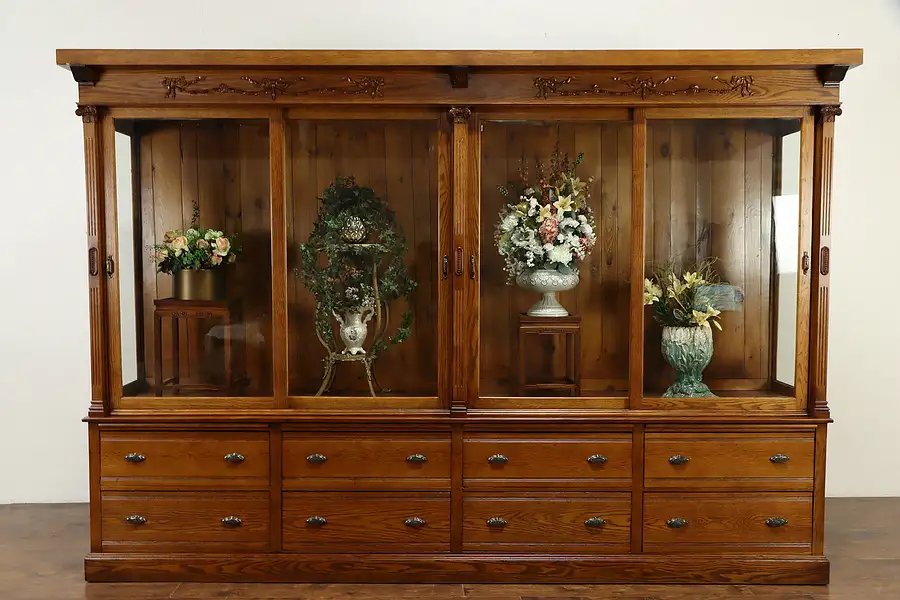 Main image of Victorian Antique Oak 11 1/2' Display Showcase Cabinet, Pantry Cupboard