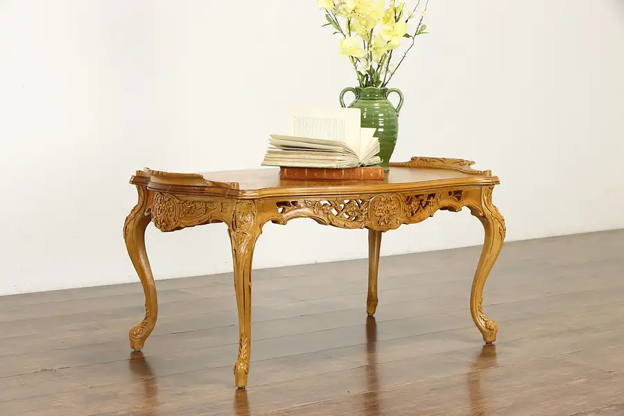 Main image of French Design Carved Vintage Coffee Table, Marquetry Top