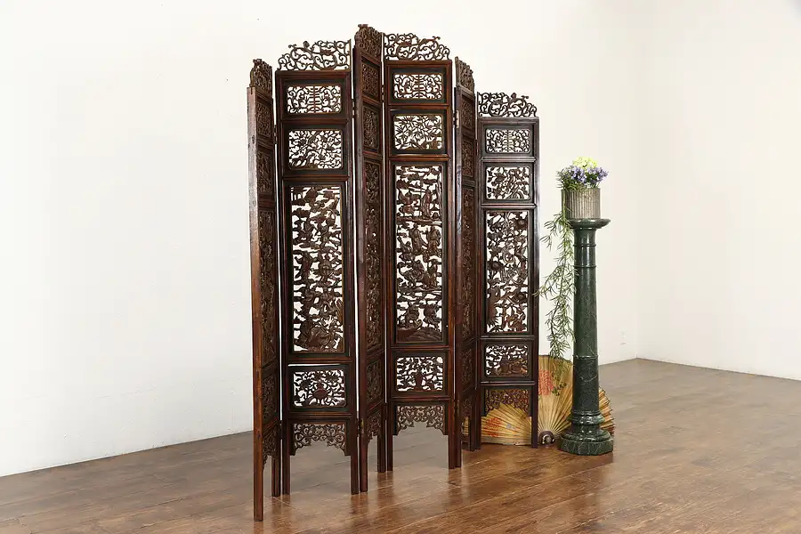 Main image of Chinese Vintage Hand Carved Teak 6 Panel Screen, Bird & Garden Motifs