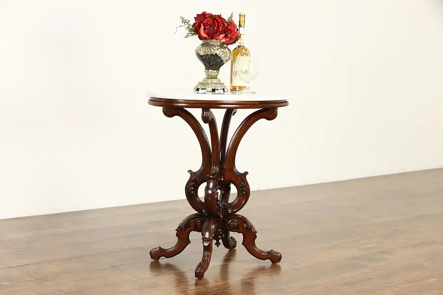 Main image of Victorian Antique Carved Walnut Oval Marble Top lamp or Parlor Table