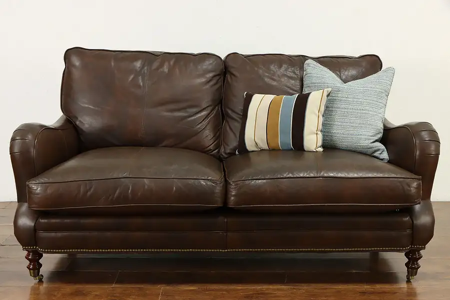 Main image of Leather Vintage Sofa, Brass Nailheads & Wheels, Whittemore Sherrill