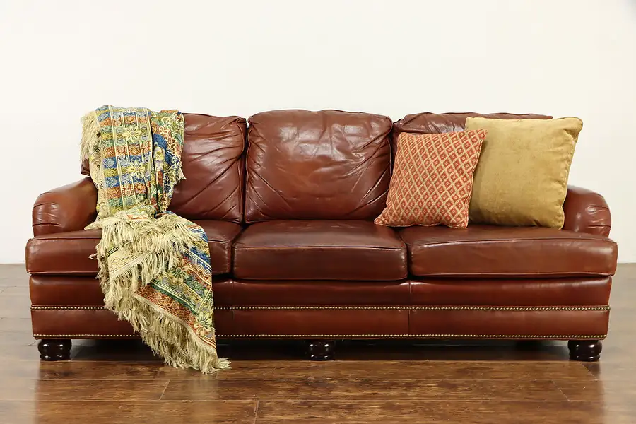 Main image of Leather Vintage 3 Cushion Sofa, Brass Nailhead Trim, Whittemore Sherril