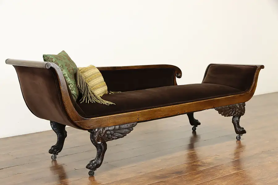 Main image of Empire Antique Chaise, Fainting Couch or Recamier, Velvet, Lion Paw Feet