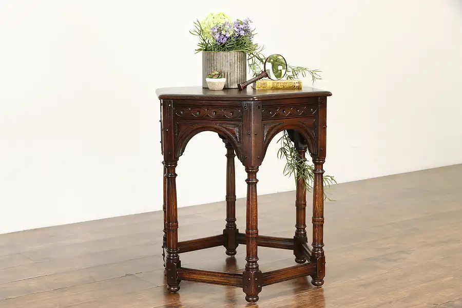 Main image of English Tudor Antique Carved Oak Hexagonal Lamp or Hall Table