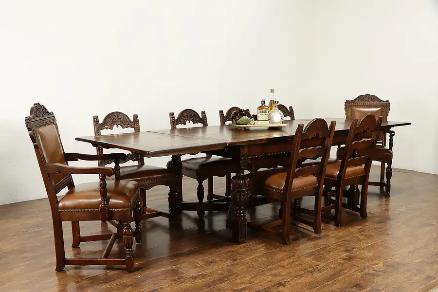 Main image of Oak English Tudor Antique Dining Set, Table, Leaves 8 Chairs Faux Leather