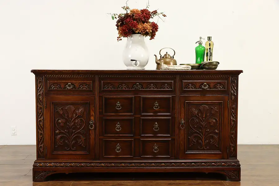 Main image of Oak English Tudor Antique Sideboard, Server, Buffet, TV Console, Northern