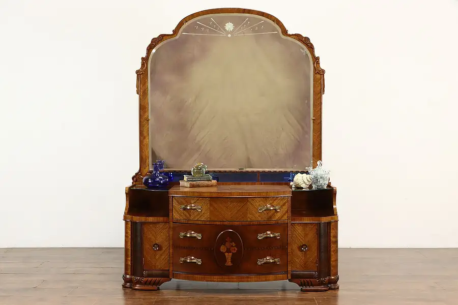 Main image of Art Deco Vanity, Dresser or Chest, Beveled Blue Mirrors, Marquetry Inlay