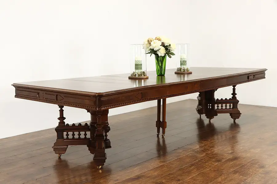 Main image of Victorian Eastlake Antique Walnut Banquet Dining Table, Extends 16'