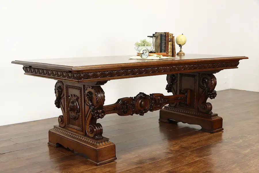 Main image of Renaissance Carved Antique Italian Walnut Dining or Library Table, Desk