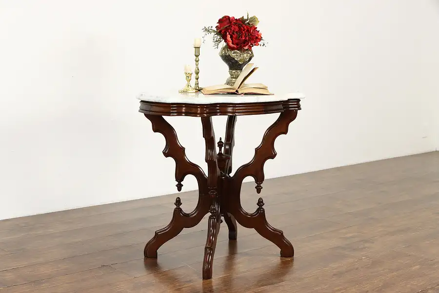 Main image of Victorian Antique Carved Walnut Turtle Top Marble Lamp or Parlor Table