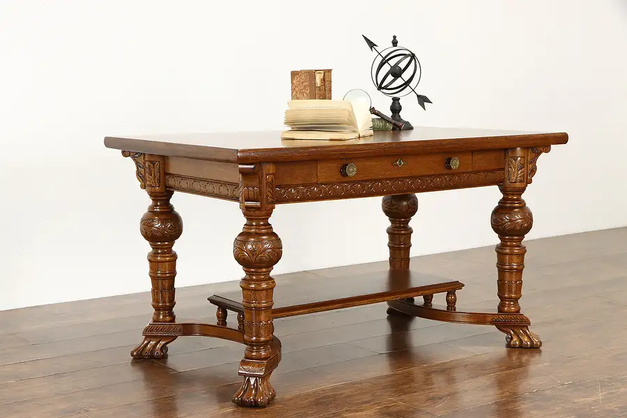 Main image of Renaissance Quarter Sawn Oak Antique Library Table Writing Desk Lion Feet