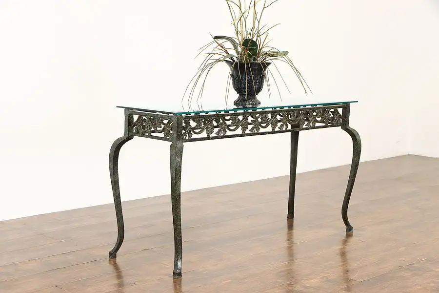 Main image of Wrought Iron Vintage Hall or Sofa Table, Grapevine Motif, Beveled Glass