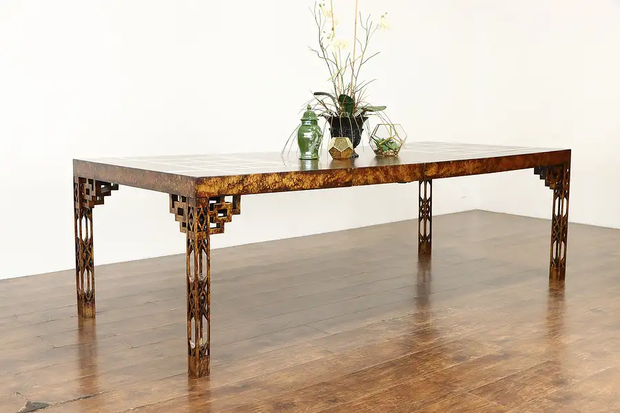 Main image of Carved Vintage Hand Painted Dining Table, 2 Leaves, Attrib James Mont