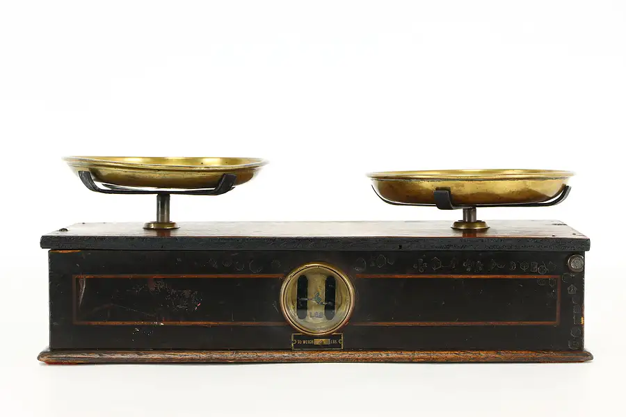 Main image of Victorian Brass & Oak Antique 4# Scale, English Royal Inspection Stamps