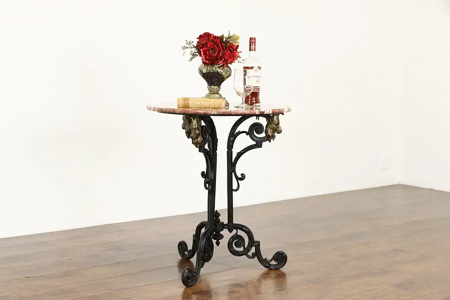 Main image of Victorian Antique Cast Iron Cafe or Lamp Table, Lion Heads Red Marble Top