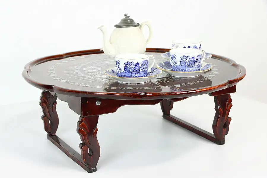 Main image of Chinese Rosewood Vintage Folding Tray Table, Inlaid Pearl Marquetry