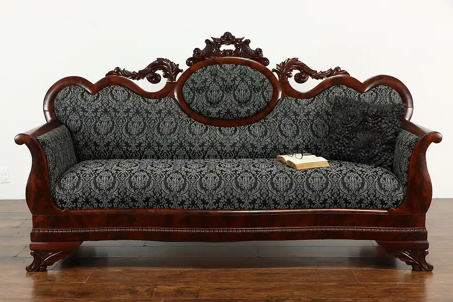 Main image of Victorian Antique Carved Mahogany Medallion Back Sofa, New Upholstery