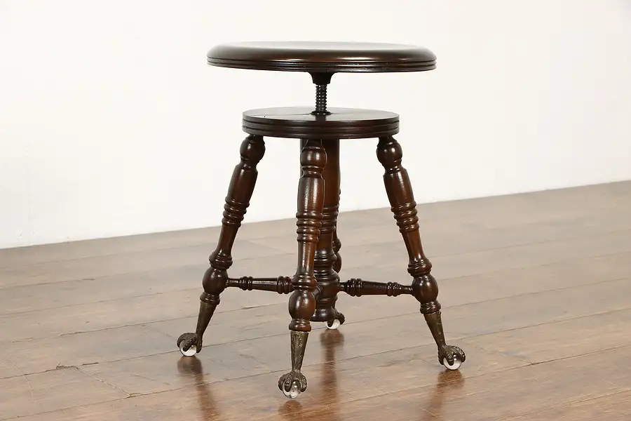 Main image of Victorian Antique Adjustable Swivel Piano Organ Stool, Ball & Claw Feet