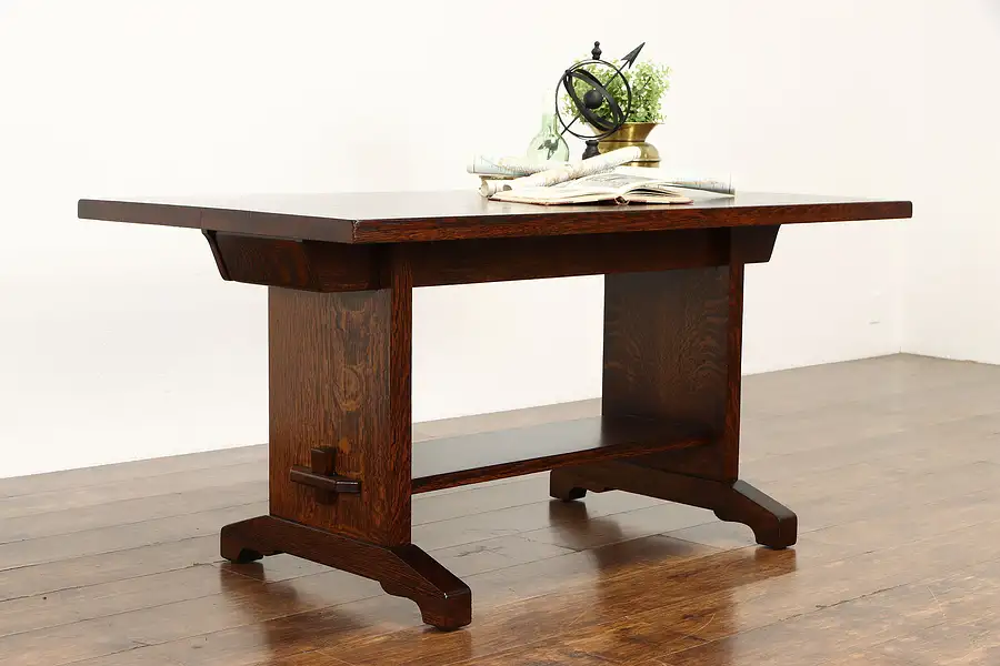 Main image of Craftsman Antique Oak Quarter Sawn Desk, Library or Dining Table, Drawers