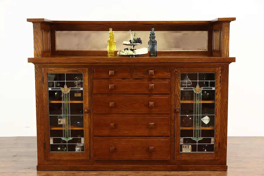 Main image of Craftsman Oak Antique Farmhouse Sideboard China Cabinet, Stained Glass