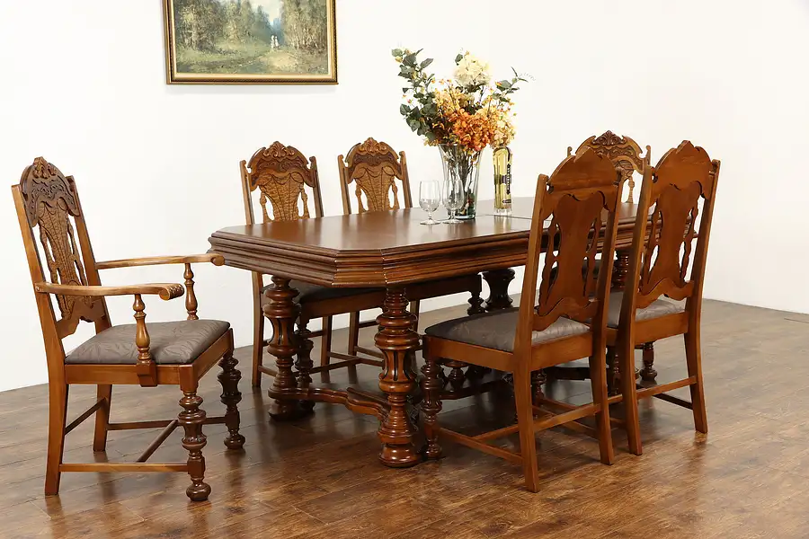 Main image of English Tudor Antique Carved Dining Set, Table, 6 Chairs New Upholstery