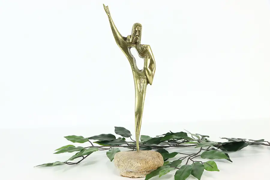 Main image of Midcentury Modern Vintage Brass Sculpture, Stone Base, Signed