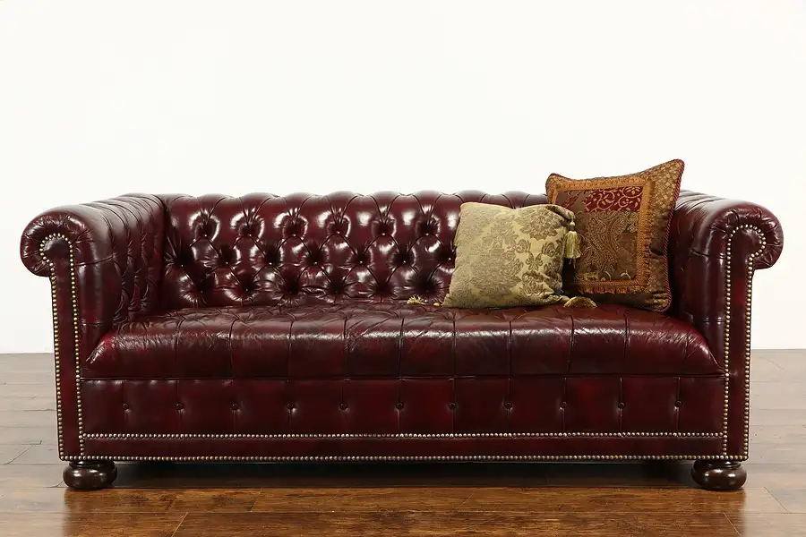 Main image of Chesterfield Tufted Leather Vintage Sofa, Brass Nail Head Trim