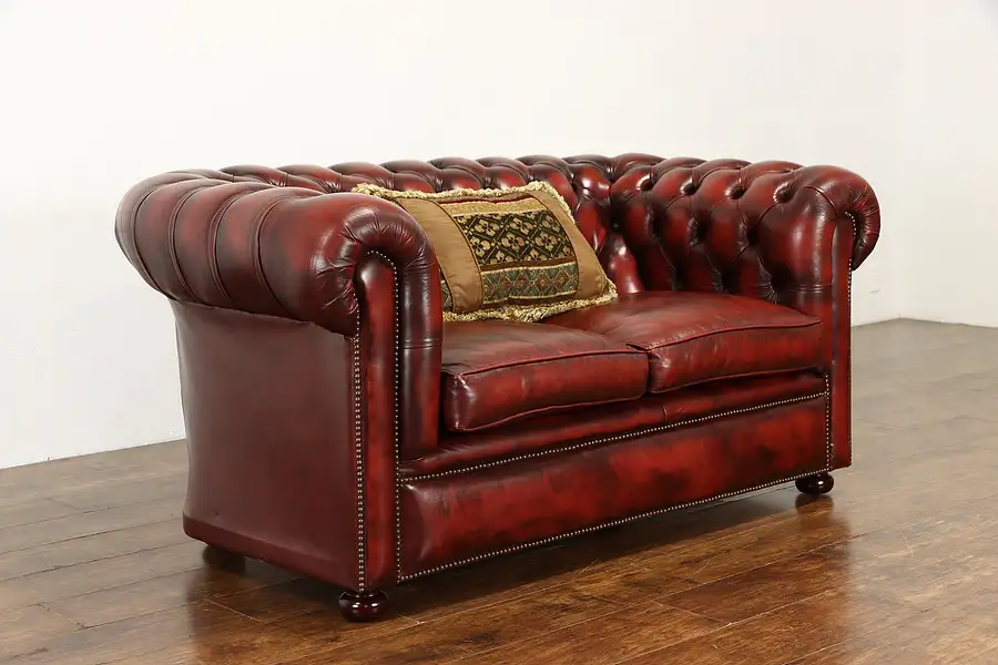 Main image of Tufted Vintage English Chesterfield Loveseat or Sofa Signed Leather Suite