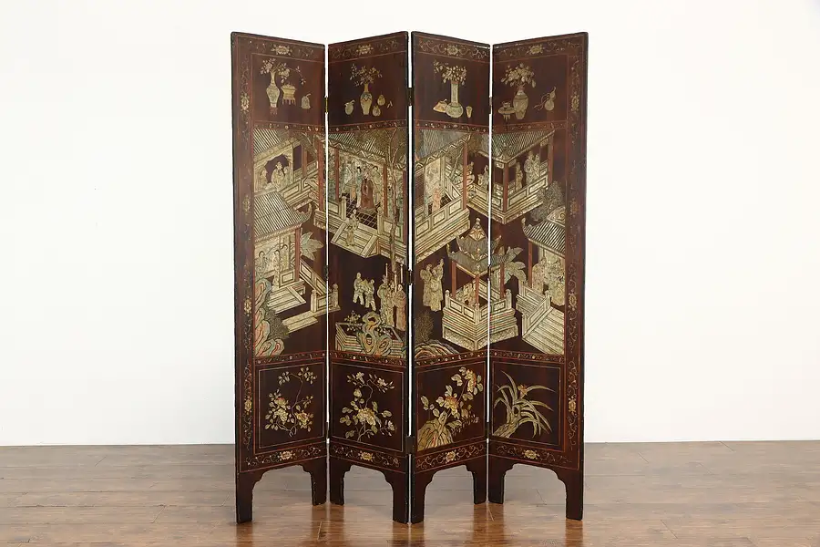 Main image of Traditional Chinese Vintage 4 Panel Coromandel Lacquer Screen