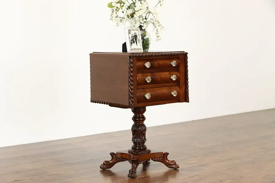 Main image of Empire Antique Mahogany Drop Leaf Lamp Table, Nightstand, Acanthus Carved