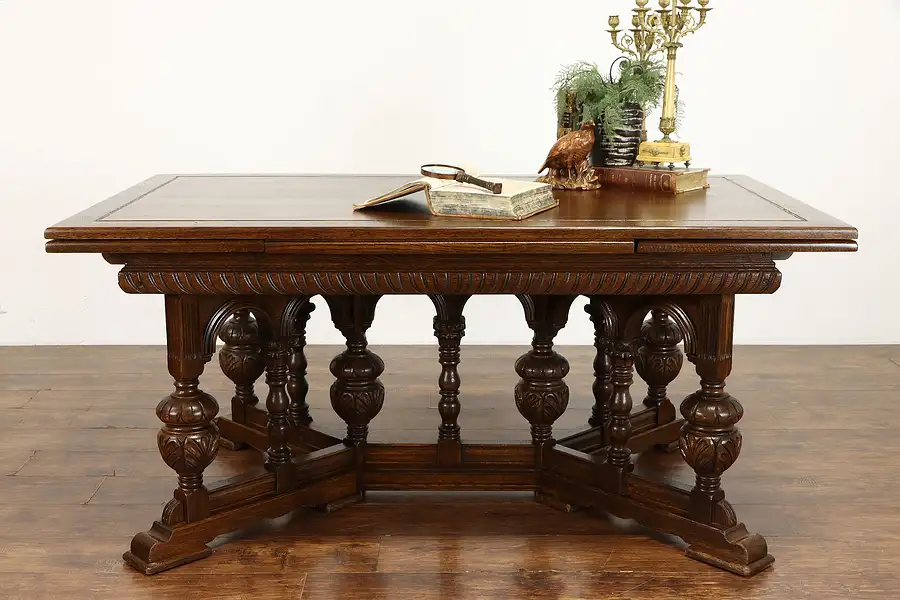 Main image of Oak Renaissance Antique Library or Office Desk, Dining Table, Draw Leaves