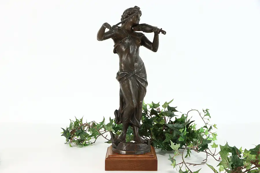 Main image of Art Nouveau Cast Spelter Antique Statue of Violinist on Mahogany Base