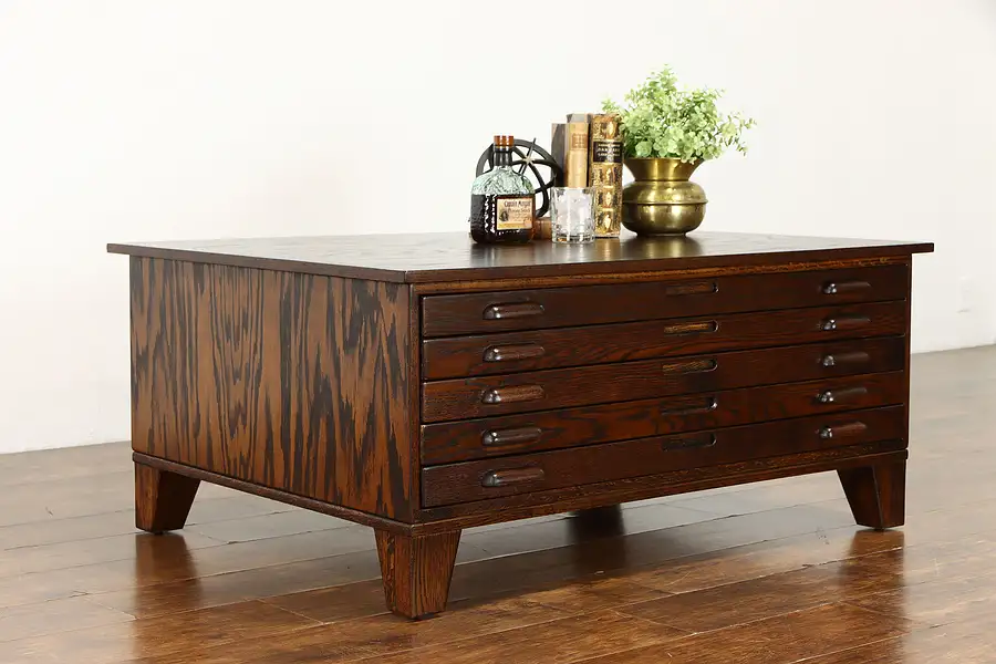 Main image of Oak Midcentury Modern 5 Drawer File, Collector or Map Chest Coffee Table