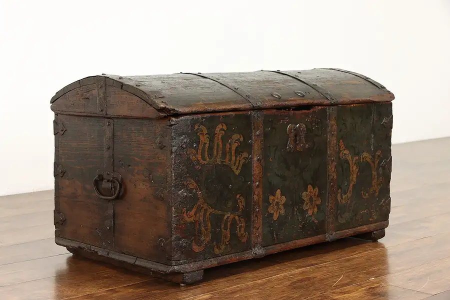 Main image of Immigrant Antique 1796 Farmhouse Pine Trunk, Hand Painted Dovetail Joints