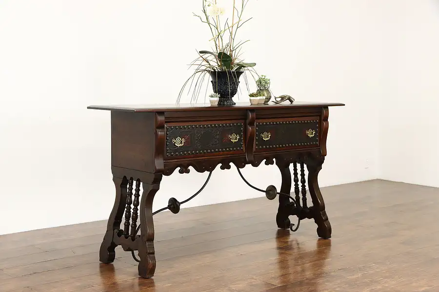 Main image of Spanish Colonial Antique Hall Console, Sideboard, Server, Tooled Leather